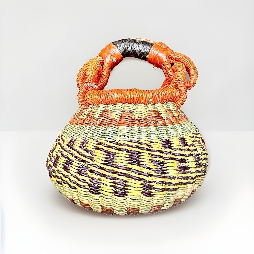 Vintage African Bolga Basket Handwoven Wicker Market Tote Bag Leather Handle Boh